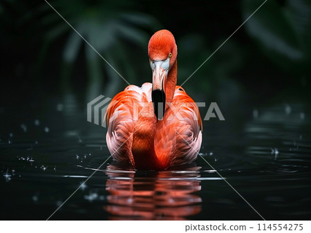 Flamingo in water, gazing at camera in natural landscape 114554275