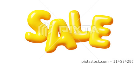 Sale yellow balloon glossy floating word. Discount and promotion design element. 3D render illustration of Inflatable volumetric plastic cartoon promo text. Sign for special offer advertising. 114554295