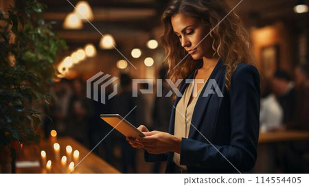 Beautiful businesswoman is working in the office with a tablet. AI generated 114554405