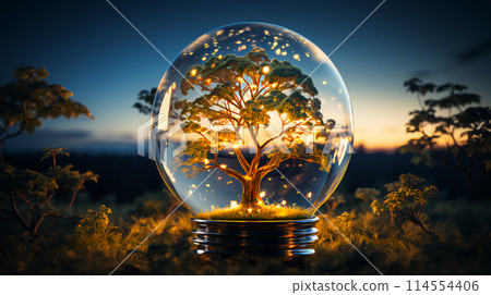 Green trees and plants in the glass sphere of a light bulb. The concept of green environmentally friendly alternative energy and ecology. AI generated 114554406