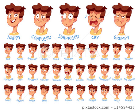 Set of different emotions boy character. Kids emoji with various facial expressions Set of different emotions boy character. Kids emoji with various facial expressions 114554425