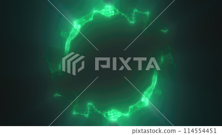 Green swirling circle frame of multicolored lines of energy particles. Abstract background Green swirling circle frame of multicolored lines of energy particles. Abstract background 114554451