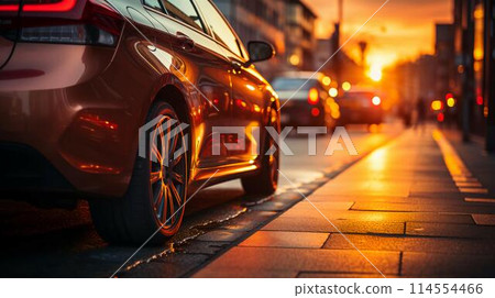 The car is parked on the side of the road at sunset. The concept of transport parking in a big city. AI generated 114554466