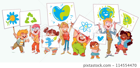 Group of children holding drawn posters on the theme of ecology, protection of nature and the environment Group of children holding drawn posters on the theme of ecology, protection of nature and the environment 114554470