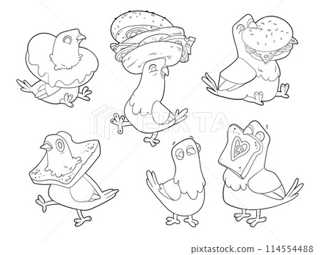 Cartoon pigeons birds with a bread, a sandwich and a doughnut. Outline hand drawn doodle vector illustration 114554488