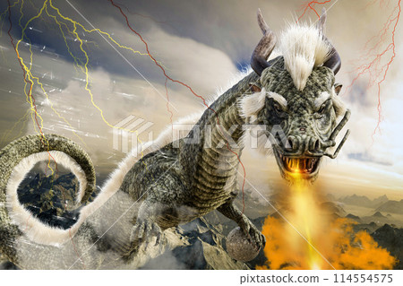 Oriental dragon blowing fire from its mouth in a fantastical space 114554575