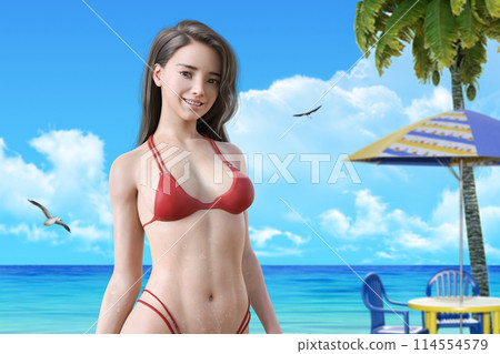 穿著泳衣的女人在度假區的海灘上享受休閒時光 穿著泳衣的女人在度假區的海灘上享受休閒時光 114554579