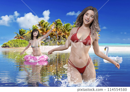 穿著比基尼的女孩在天然島嶼的海岸享受休閒時光 114554580