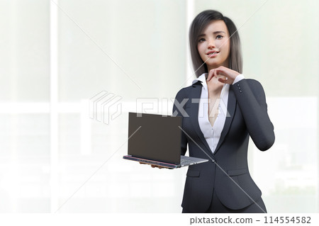 拿著筆記型電腦眺望遠方的女商人 拿著筆記型電腦眺望遠方的女商人 114554582