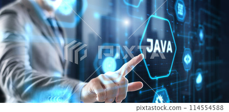 Businessman clicks Java programming language application concept on virtual screen 114554588