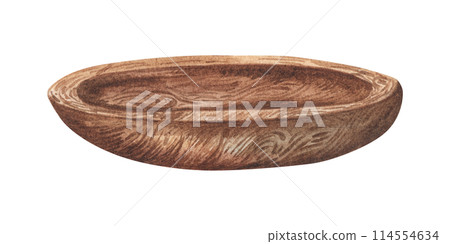 Wooden plate drawing. Watercolor hand drawn illustration isolated on white background. Art for design, textiles, menu, poster, cooking, recipe, book. Design. 114554634