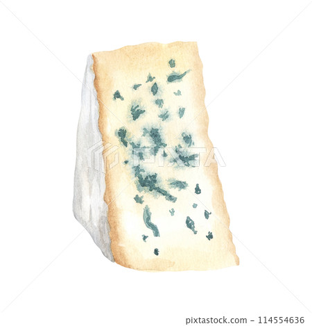 Block of delicious blue cheese mold, soft milk dairy product. Watercolor food hand drawn illustration isolated on white background. Perfect for menu, recipe, book, label, packaging design. Block of delicious blue cheese mold, soft milk dairy product. Watercolor food hand drawn illustration isolated on white background. Perfect for menu, recipe, book, label, packaging design. 114554636