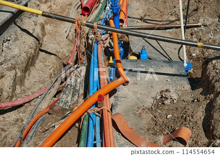 Construction site sign over a utility hole 114554654