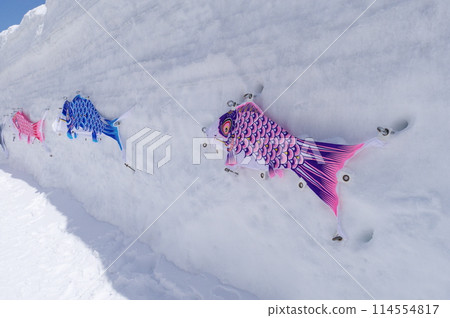 Snowy Otani and carp streamers on the Tateyama Kurobe Alpine Route Snowy Otani and carp streamers on the Tateyama Kurobe Alpine Route 114554817
