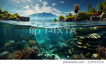 Underwater view of tropical paradise fish and corals. The concept of diving and vacation in nature. AI generated 114555319