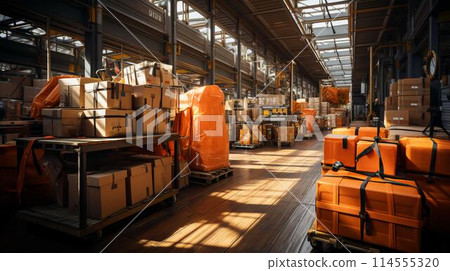 Large automated warehouse logistics center for the delivery and storage of goods. AI generated 114555320