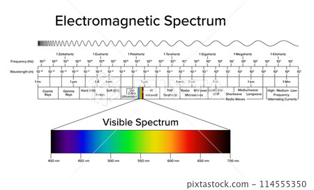 Diagram of the electromagnetic spectrum, with visible spectrum and light highlighted separately. The full range of electromagnetic radiation, organized by frequency in Hertz and wavelength in meter. 114555350