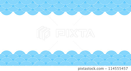 Seigaiha background with empty space. Blue and white waves or clouds pattern. Sea or ocean scallops print. Fish squama or dragon scale. Geometric ornament with round shapes. Vector flat illustration 114555457
