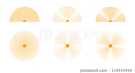 Concentric orange circles and semicircles. Sunburst, sunrise or sunset icons set. Pain localization signs. Shockwave or vibration symbols. Sound, radar or sonar wave pictograms. Vector illustration Concentric orange circles and semicircles. Sunburst, sunrise or sunset icons set. Pain localization signs. Shockwave or vibration symbols. Sound, radar or sonar wave pictograms. Vector illustration 114555459