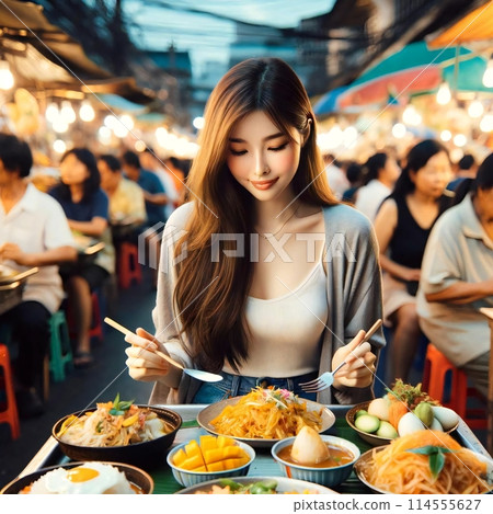 A hand-drawn illustration of a beautiful 20-year-old Japanese woman enjoying local food at a food stall in Bangkok. 114555627
