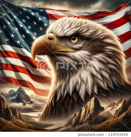 Eagle stern expression, backdrop of American flag, symbolizes patriotism, strength, spirit US 114555650