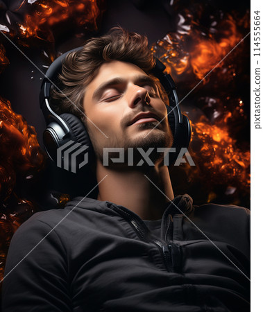 Man with headphones immersed in music abstract background, showing fun relaxed listening experience 114555664