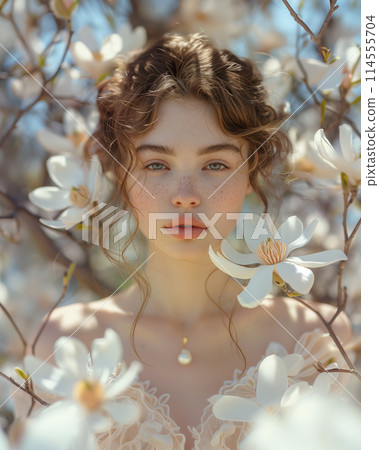 Woman red hair freckles stands surrounded by blooming white magnolia flowers 114555704