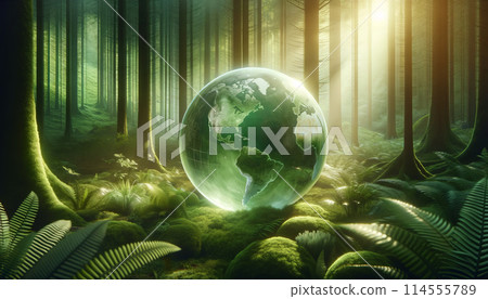 Crystal globe depicting Earth placed soil, surrounded by green ferns, sunlight illuminating scene 114555789