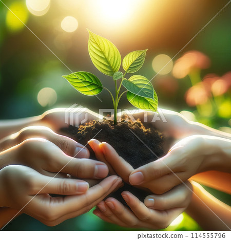 Hands of an adult child gently holding young green plant in soil, bathed in warm sunlight 114555796