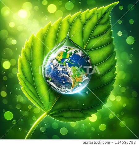 Drop water containing Earth hangs delicately from green leaf, interconnectedness of water our planet Drop water containing Earth hangs delicately from green leaf, interconnectedness of water our planet 114555798