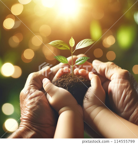Hands of an adult child gently holding young green plant in soil, bathed in warm sunlight 114555799