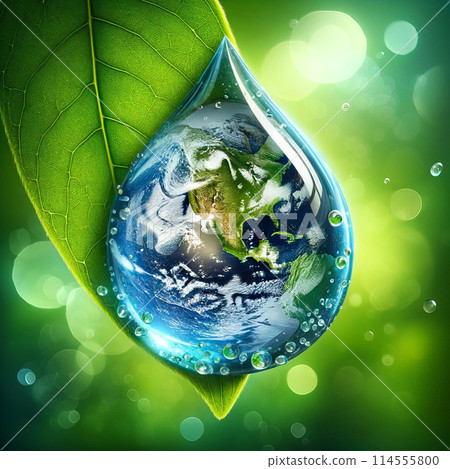 Drop water containing Earth hangs delicately from green leaf, interconnectedness of water our planet Drop water containing Earth hangs delicately from green leaf, interconnectedness of water our planet 114555800