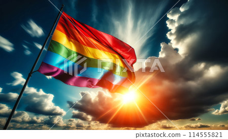 Rainbow flag waving in sky, illuminated by sunlight, symbolizing freedom, pride, LGBTQ community 114555821