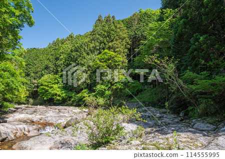 The clear stream with potholes in Kasagi Town, Kyoto Prefecture, Nunome River The clear stream with potholes in Kasagi Town, Kyoto Prefecture, Nunome River 114555995