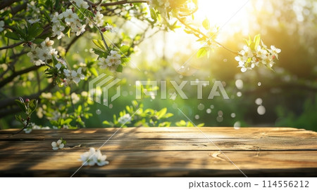 A wooden table with a variety of colorful flowers in the background, highlighting the beauty of natures blossoms A wooden table with a variety of colorful flowers in the background, highlighting the beauty of natures blossoms 114556212