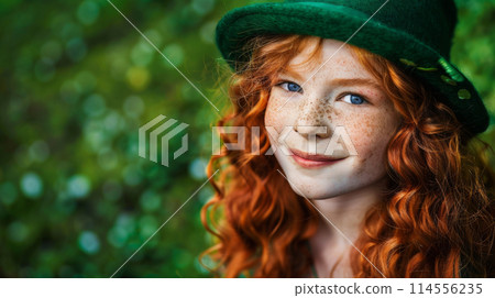 An Irish girl wearing a green hat. She showcases traditional Irish attire and culture, adding an authentic touch to any project 114556235