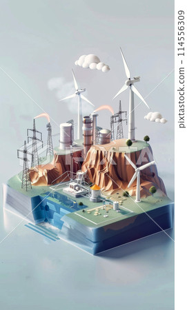 An island featuring multiple wind turbines harnessing wind energy on a sunny day 114556309