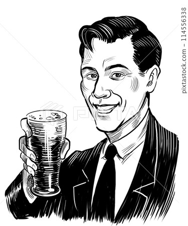 Man drinking a glass of beer. Hand drawn retro styled black and white illustration 114556338