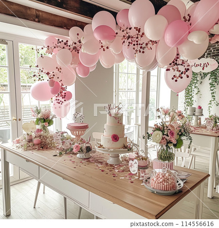 Birthday table decoration with sweets, flowers, candles and pink balloons. Selective focus 114556616
