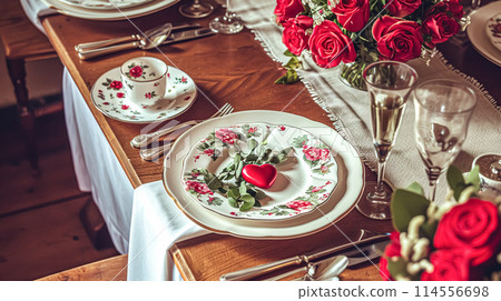 Festive table setting with cutlery, candles and beautiful red flowers in a vase. 114556698
