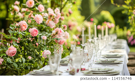 Table setting with rose flowers and candles for an event party or wedding reception in the summer garden. Table setting with rose flowers and candles for an event party or wedding reception in the summer garden. 114556746