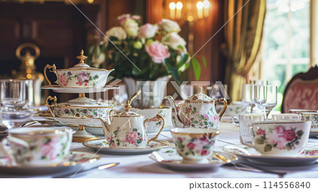 Elegant table setting for tea party with cakes and cupcakes in English manor. Selective focus. Vintage style 114556840