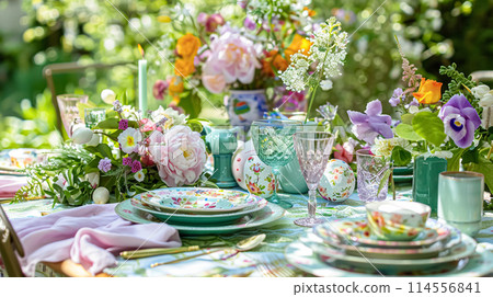 Easter table setting with painted eggs, spring flowers and crockery. Rustic style, selective focus 114556841