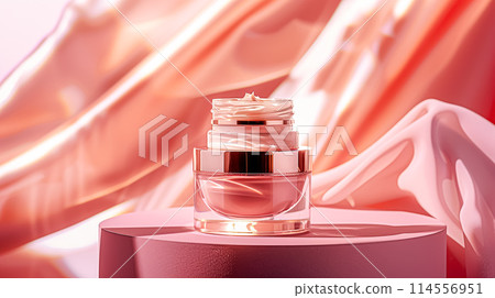 Cosmetic cream in a glass jar on a pink background. Skin care concept. Backdrop for beauty products 114556951