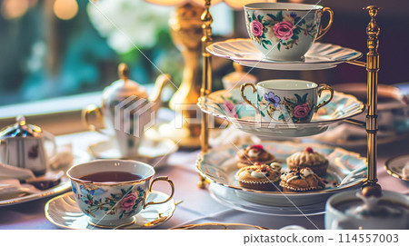 Elegant table setting for tea party with cakes and cupcakes in English manor. Selective focus. Vintage style 114557003
