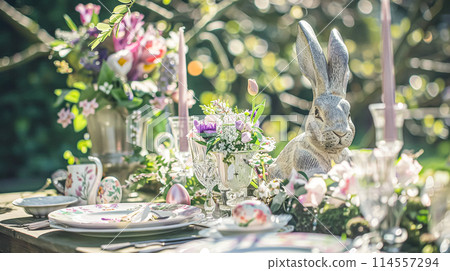Easter table setting with painted eggs, spring flowers and crockery. Rustic style, selective focus 114557294