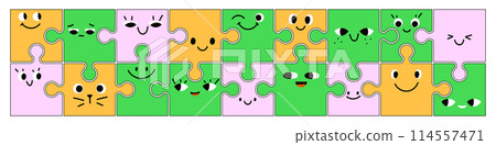 Cute puzzle character with abstract face, eyes and funny expression emoji. Flat vector illustration isolated on white background. Cute puzzle character with abstract face, eyes and funny expression emoji. Flat vector illustration isolated on white background. 114557471