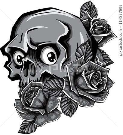 monochrome Vintage human skull tattoo concept with rose flowers isolated vector illustration monochrome Vintage human skull tattoo concept with rose flowers isolated vector illustration 114557692