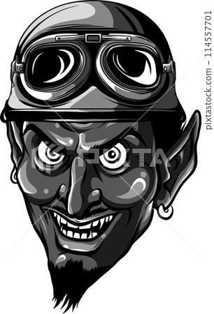 Devil or lucifer head with helmet vector monochrome vector illustration in vintage style isolated on white background 114557701