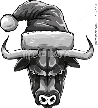 vector illustration of monochrome Cow with christmas hat vector illustration of monochrome Cow with christmas hat 114557731